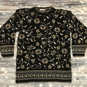 Dana Scott Womens Floral Print Black Gold Sweater